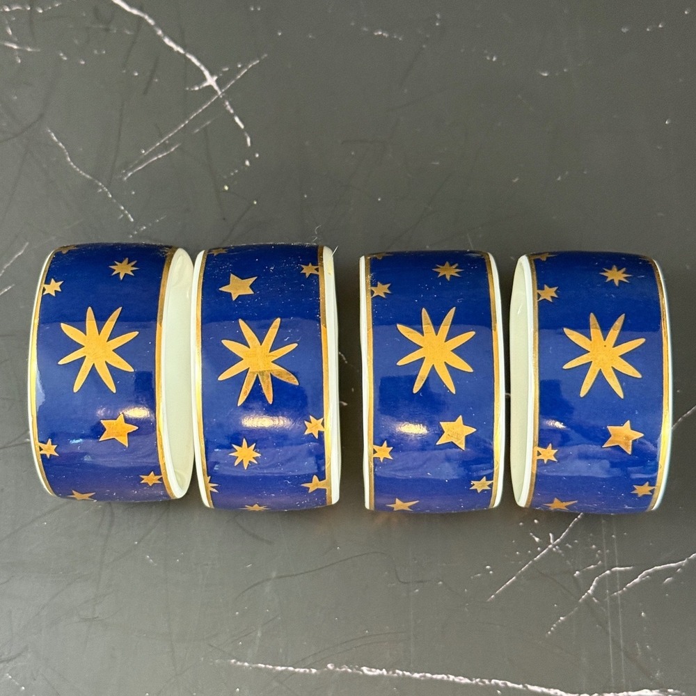 Vintage Sakura Galaxy Porcelain 14K Gold Napkin Rings Blue Stars Celestial Set 4